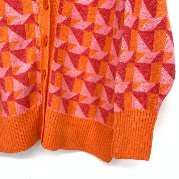 BBWM V-Neck Cardigan Sweater Womens Size Medium Geometric Print Pink Orange NEW - Picture 4 of 6